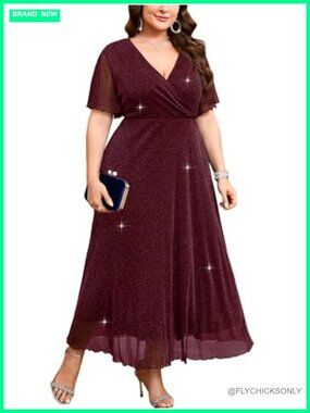Plus Size Sparkly Maxi Dress Surplice V-Neck Ruffle Sleeve A-Line Wedding Guest
